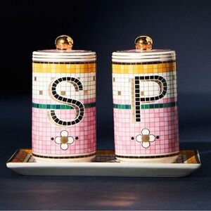 Anthropologie Bistro Tile Salt & Pepper Shakers & Tray Garden Edition